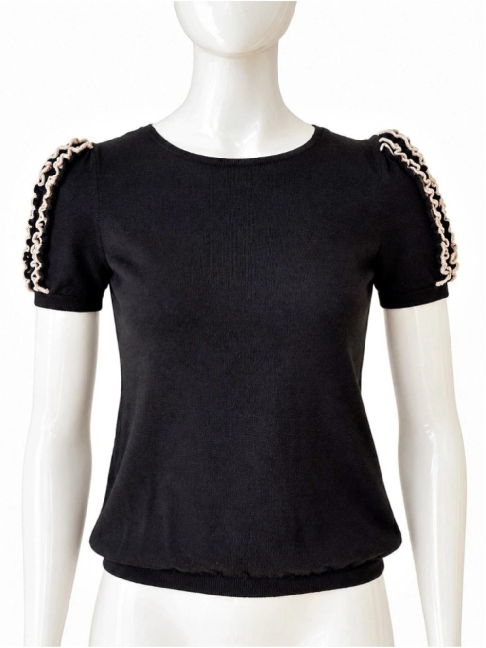 RED Valentino Black Virgin Wool Ruffle Puff Sleeve Knit Top